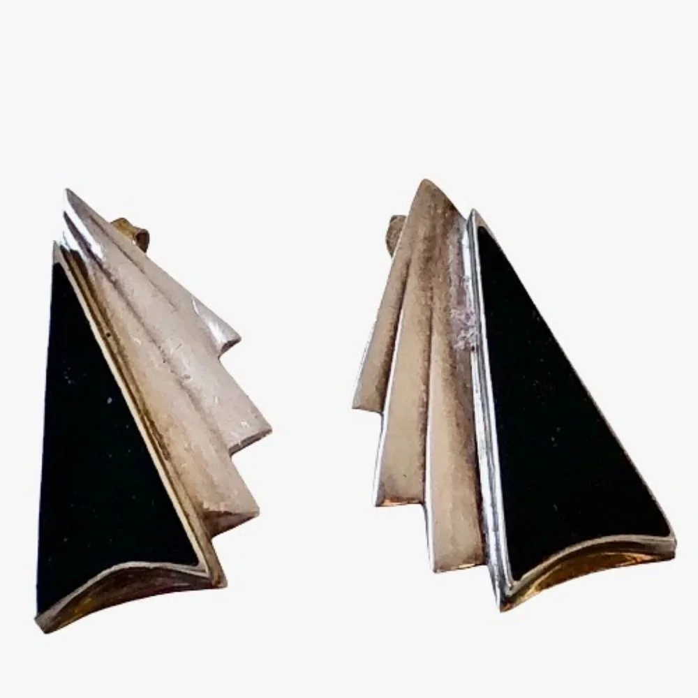 Modernist Sterling Silver & Black Onyx Post Earrings 925 Vintage Signed NF